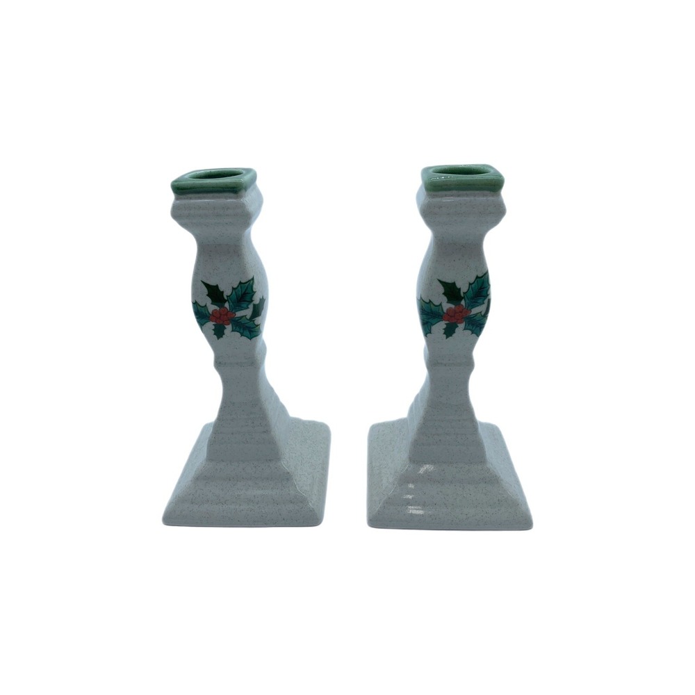 VINTAGE Porcelain Set of 2 Candlesticks CHRISTMAS HOLLY LEAVES - JAPAN